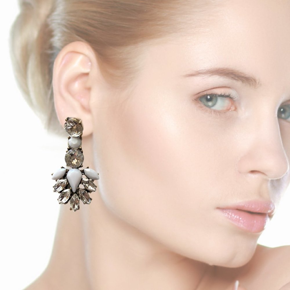 Statement Chandelier Earrings Clear and White Stones Stud Post for Pierced Ears - Picture 4 of 4